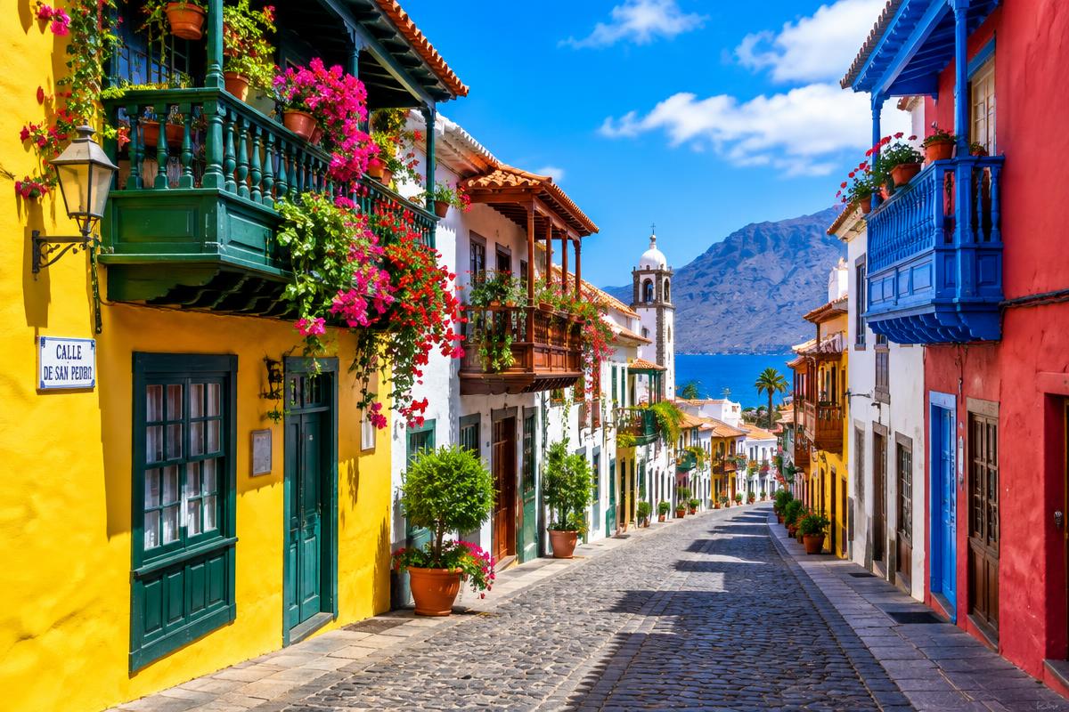 Calle empedrada con casas de colores y balcones tradicionales en La Palma