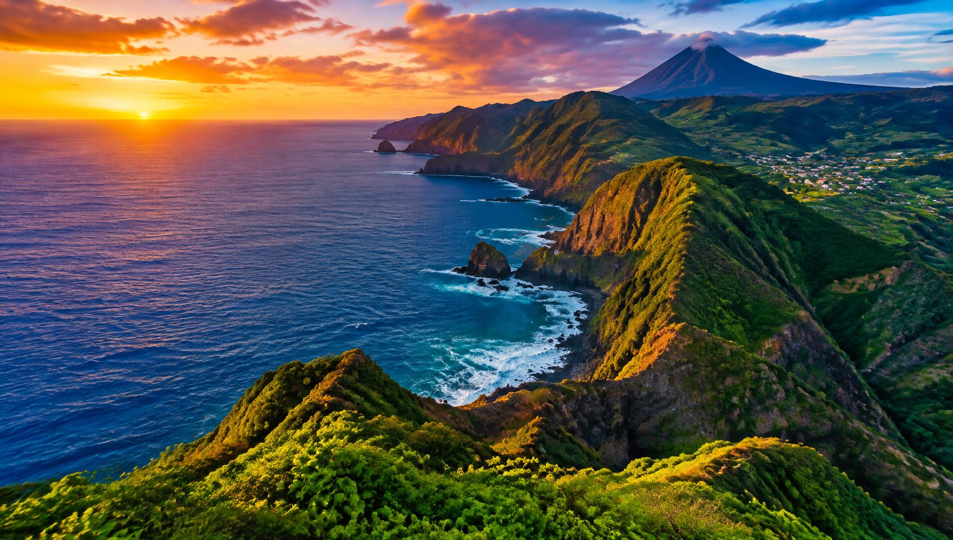 Costa volcánica de La Palma con laderas verdes y el océano Atlántico al atardecer